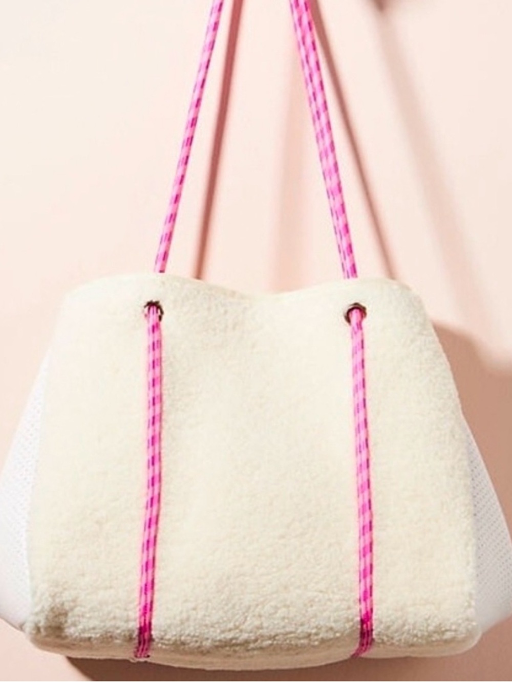 Anthropologie Cream Sherpa Tote with Pink Rope Straps